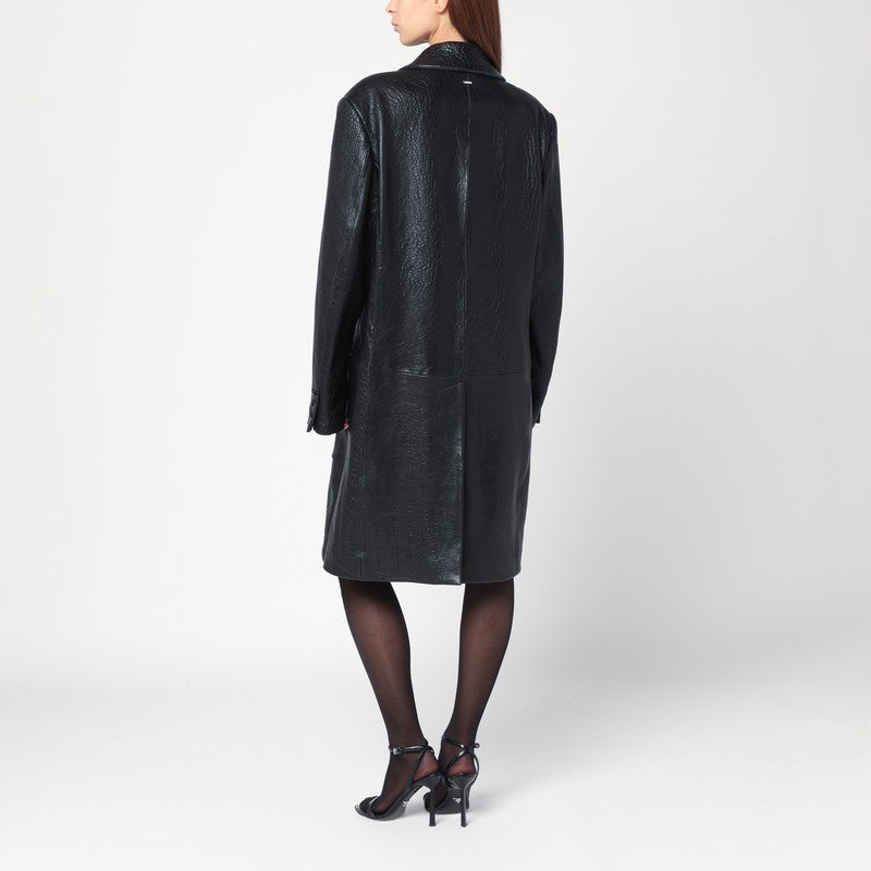 Single-breasted black leather coat
