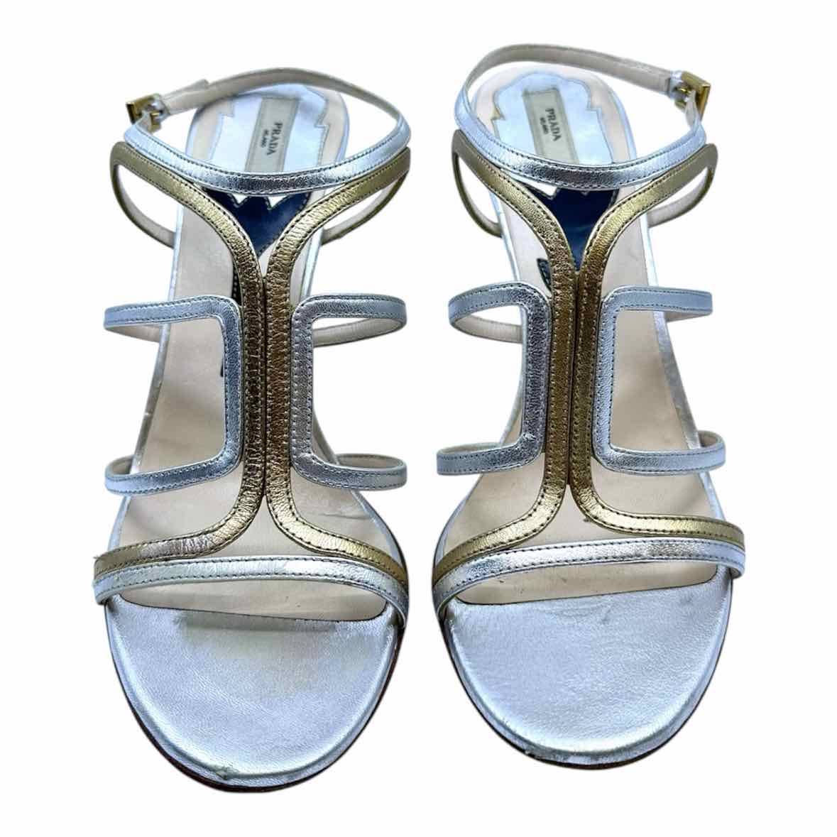 PRADA Size 8.5 Gold Silver Leather Sandals