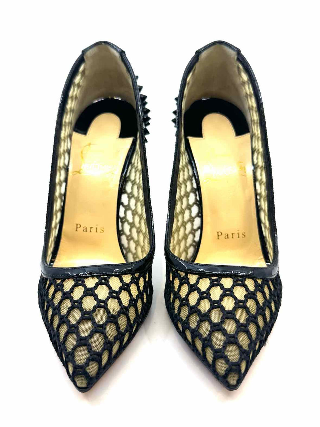 CHRISTIAN LOUBOUTIN Size 5.5 Black Mesh Studs Checkered Pumps