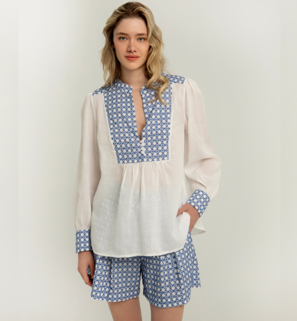 Greek Archaic Kori Cross Stitch Blouse - White/Royal Blue