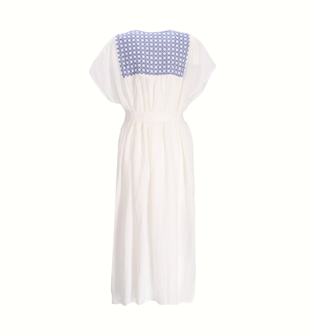 Greek Archaic Kori Cross Stitch Long Dress - White/Royal Blue