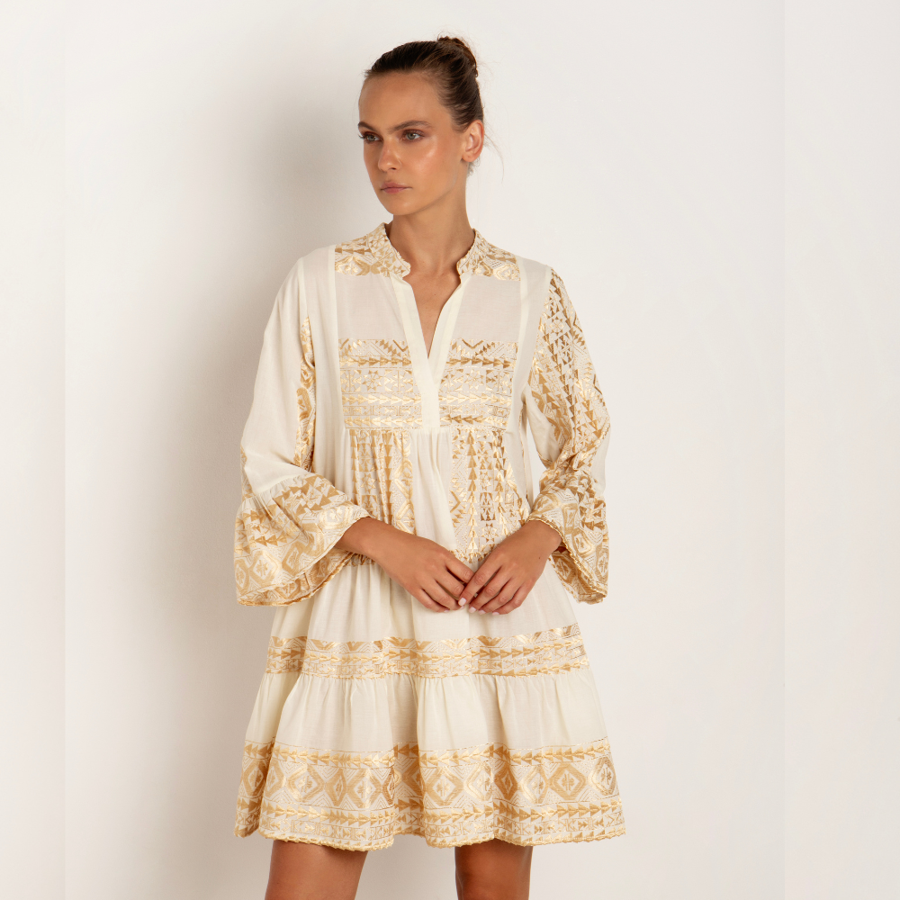 Greek Archaic Kori Short Ruffle Dress - Natural/Champagne