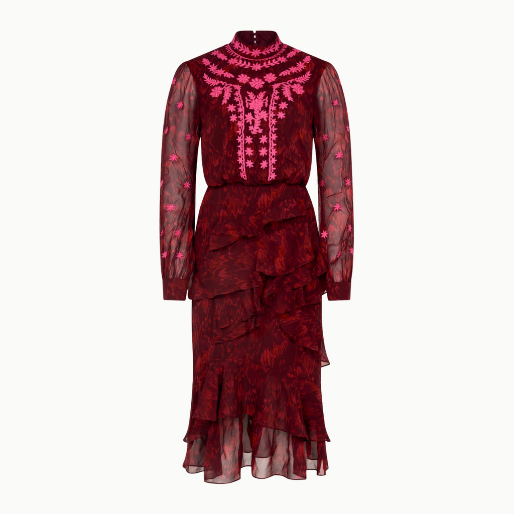 Saloni Isa Ruffle Dress - Astilbe Burgundy
