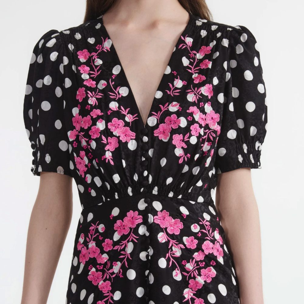 Saloni Lea Long Dress - Polka Dot Flower