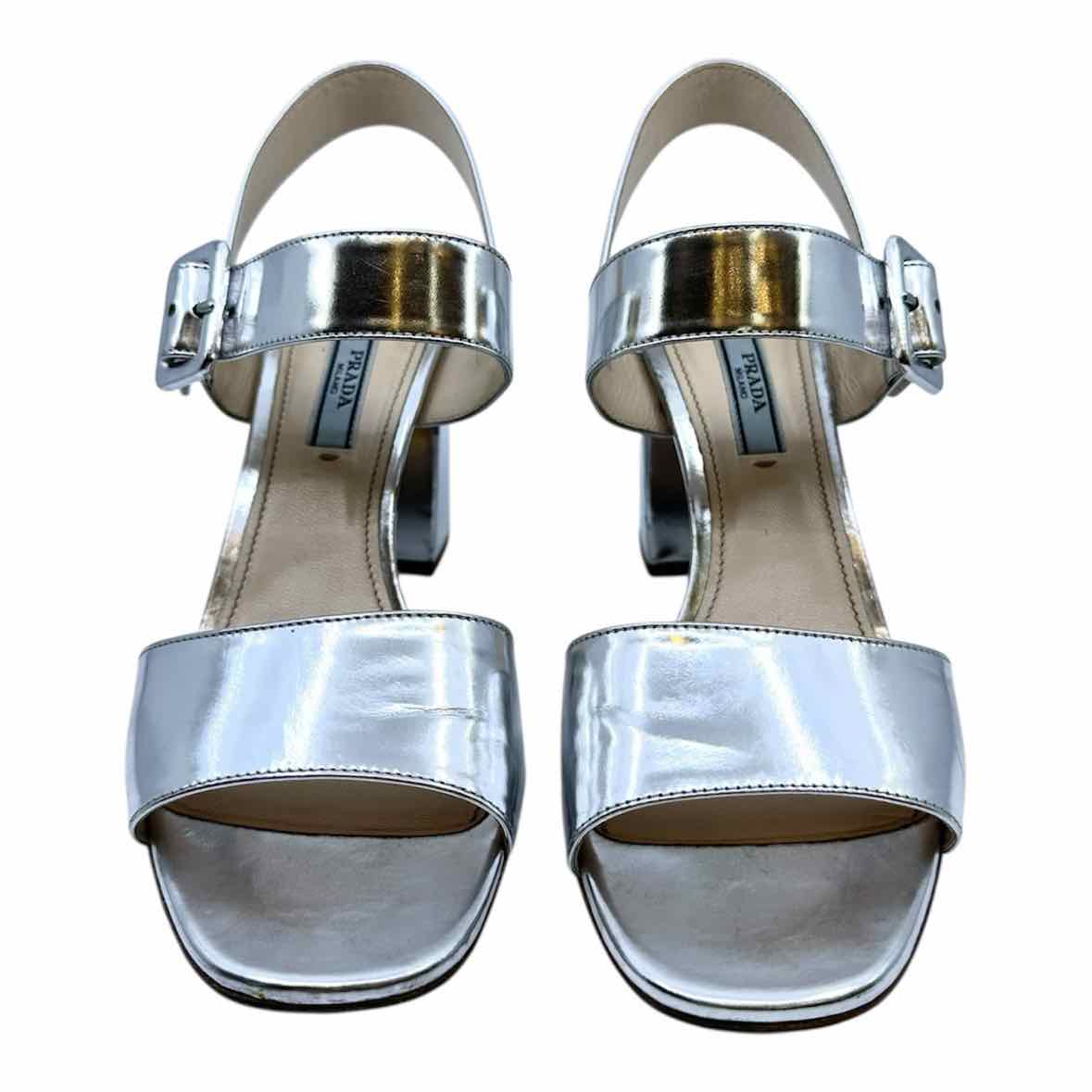 PRADA Size 8.5 Silver Leather Metallic Solid Sandals