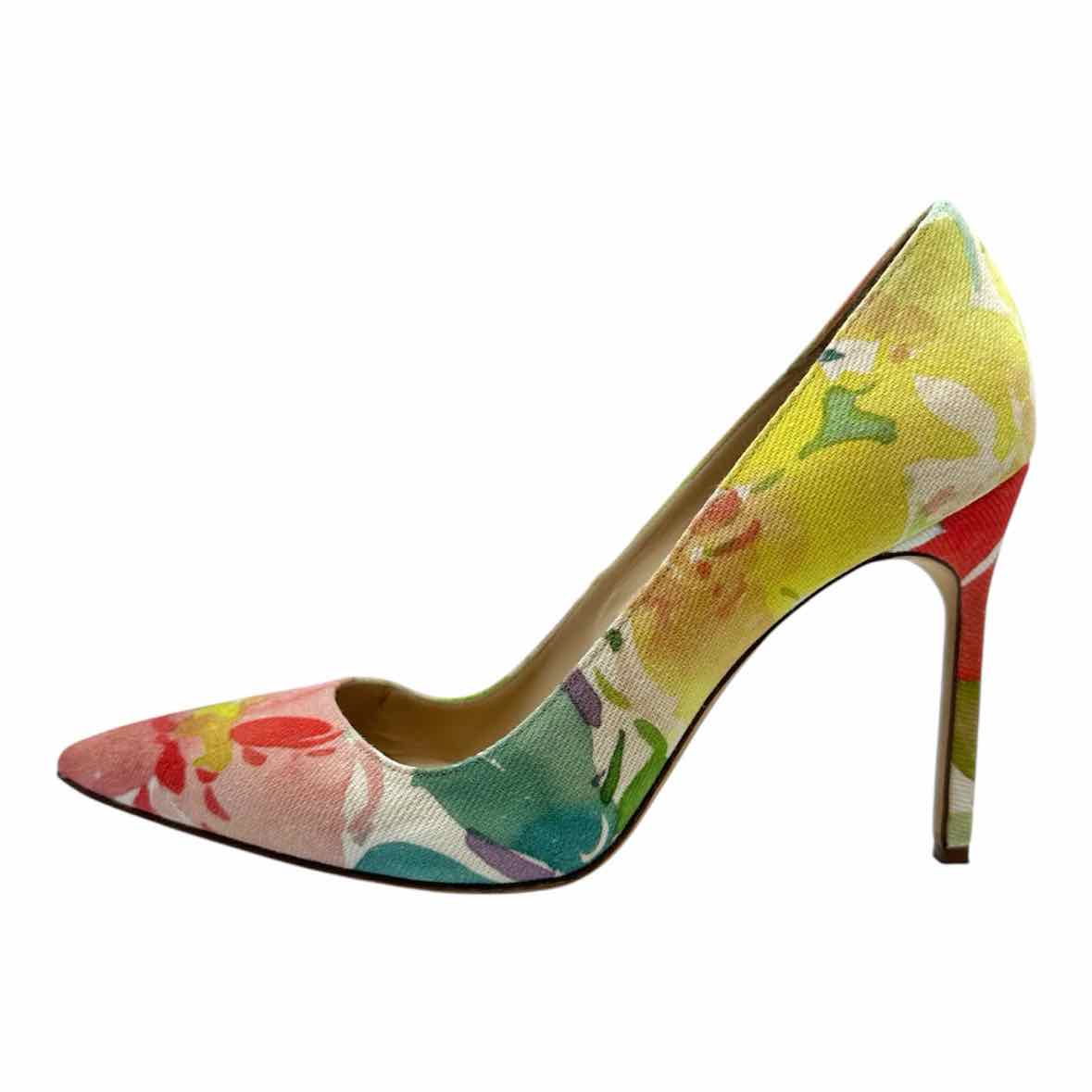 MANOLO BLAHNIK Size 10.5 Green, Pink Canvas Floral Pumps