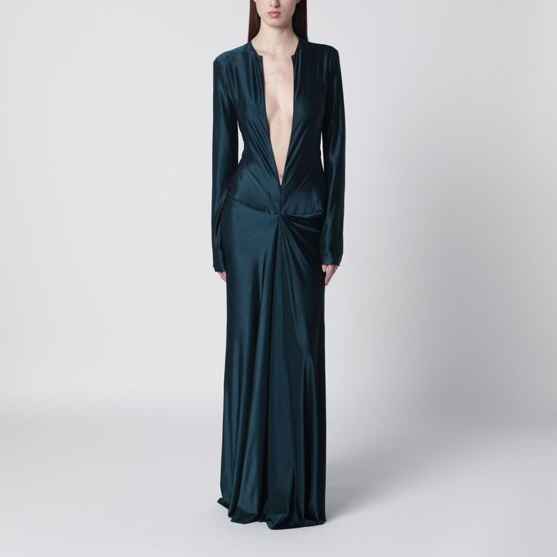 Dark aqua green long dress with front zip
