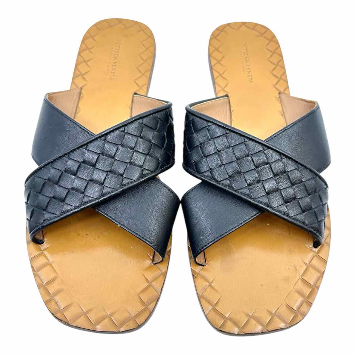 BOTTEGA VENETA Size 9.5 Black Leather Woven Sandals