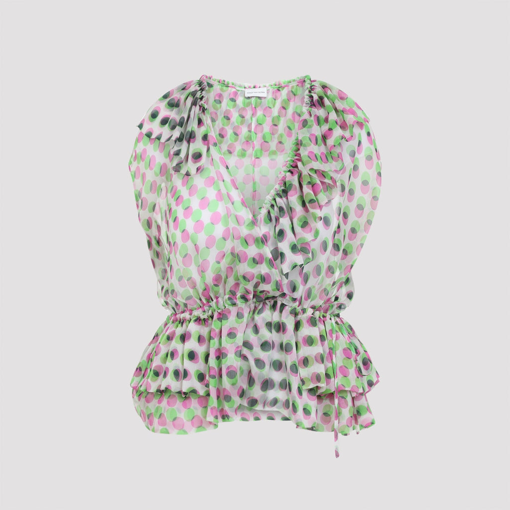 Ecru White Silk Cally Polka Dots Top