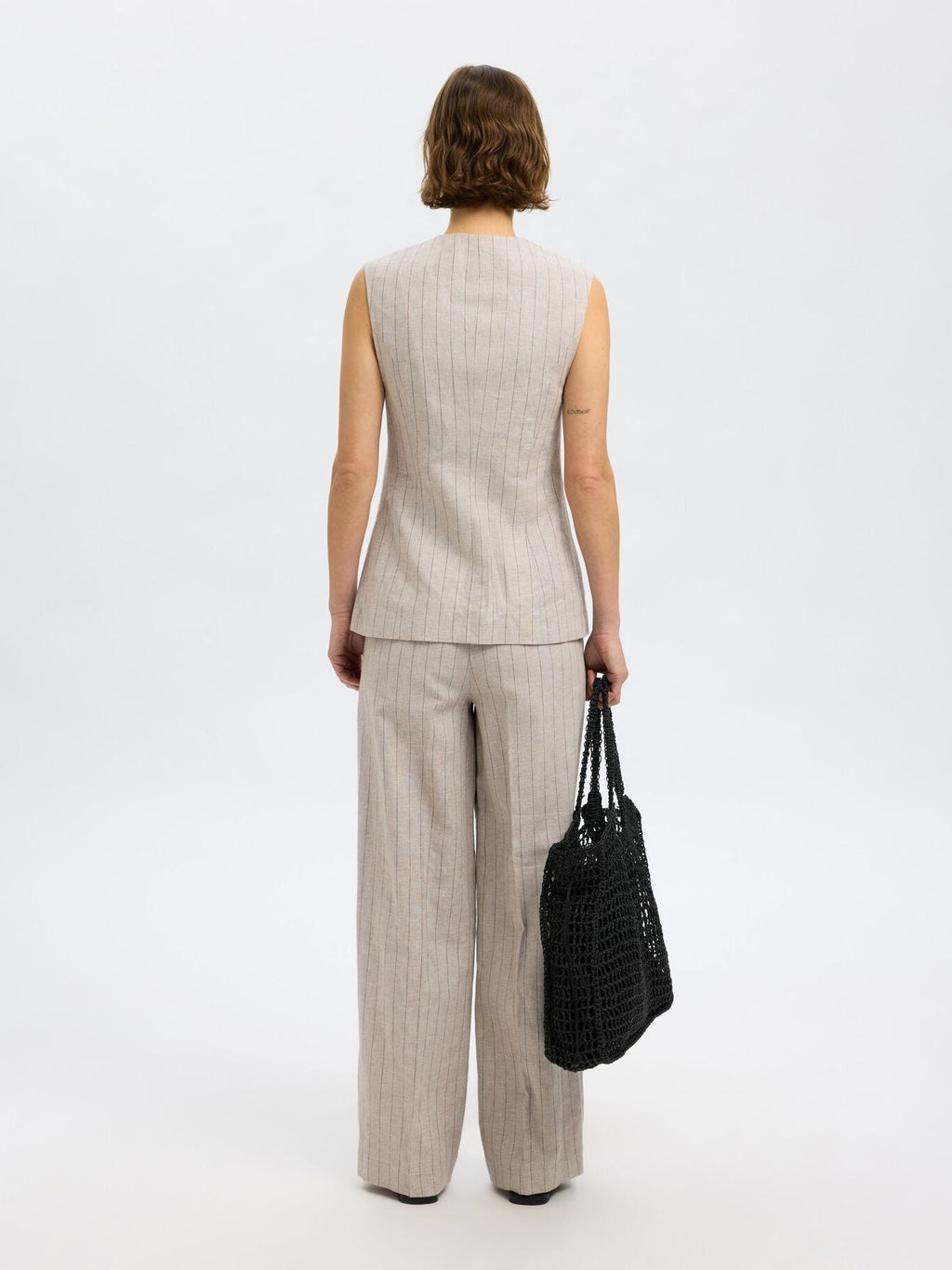 SELECTED Vilka Sun Long Vest in Oatmeal Pinstripe
