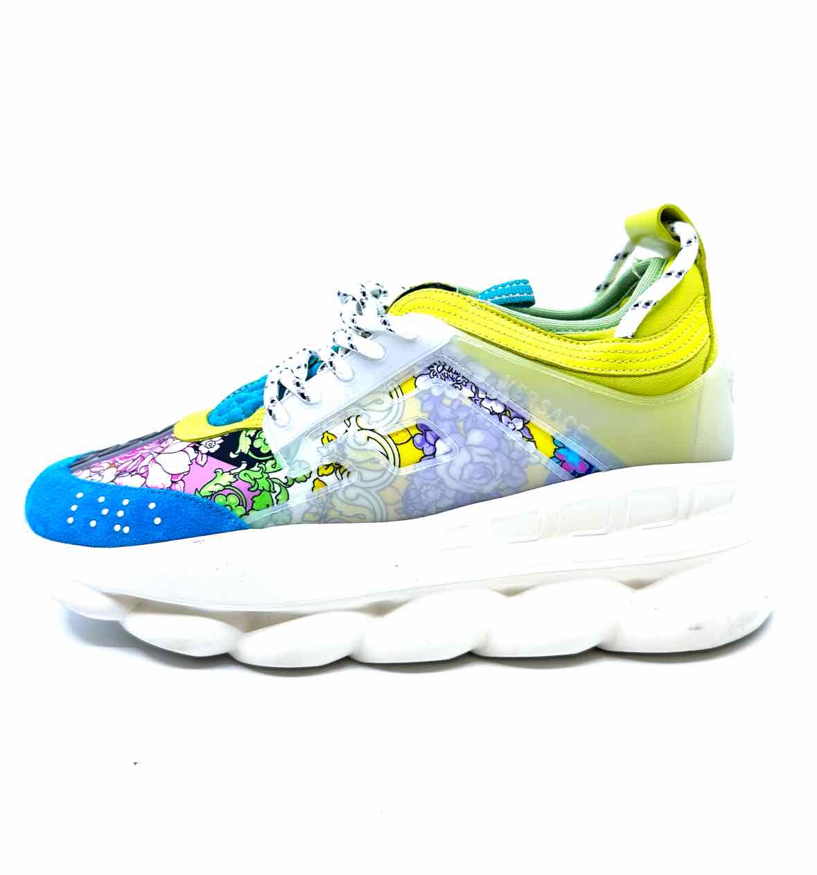 VERSACE Chain Reaction Sneakers Size 10 Green, Blue Suede Nylon Floral Sneakers