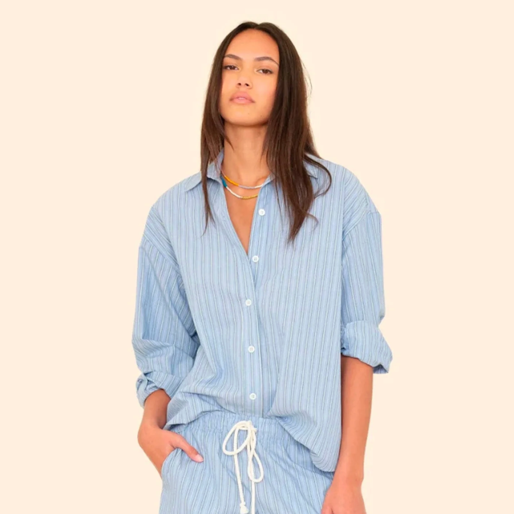 Xirena Hayven Shirt - Chambray Teal Stripe