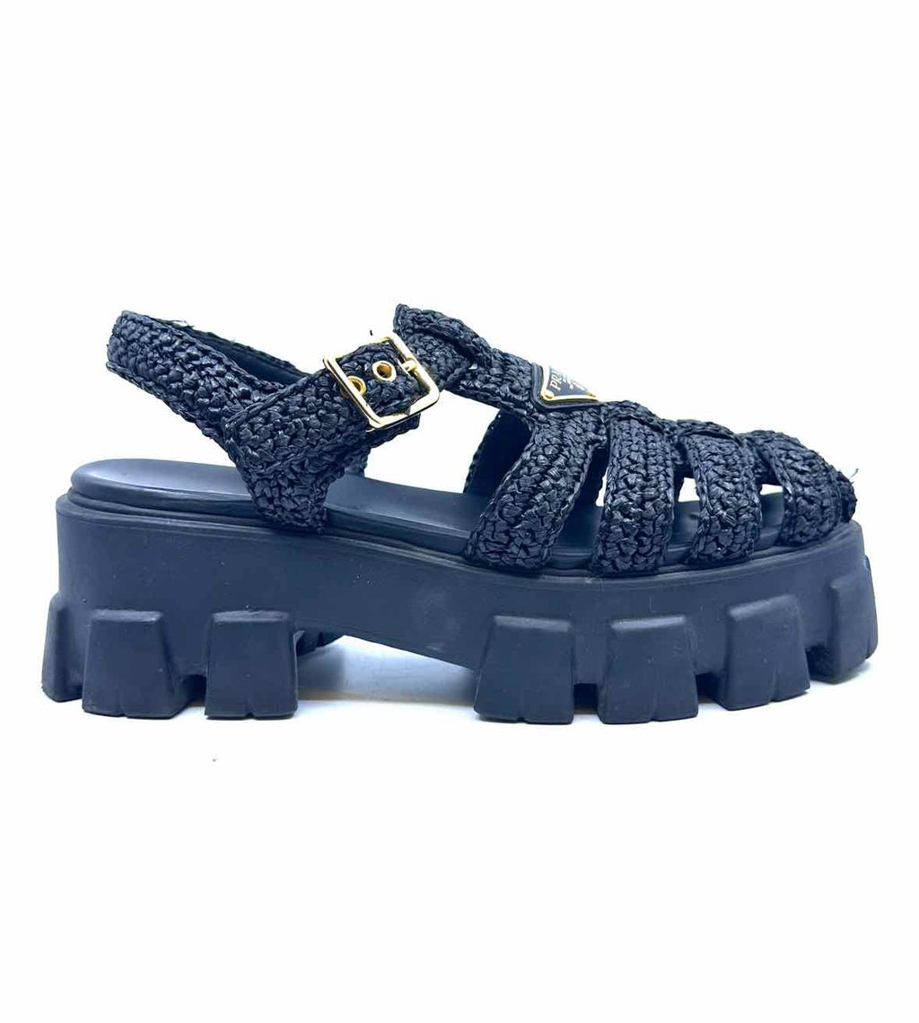 PRADA Monolith Size 8 Black Straw Woven Sandals