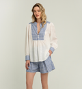 Greek Archaic Kori Cross Stitch Blouse - White/Royal Blue
