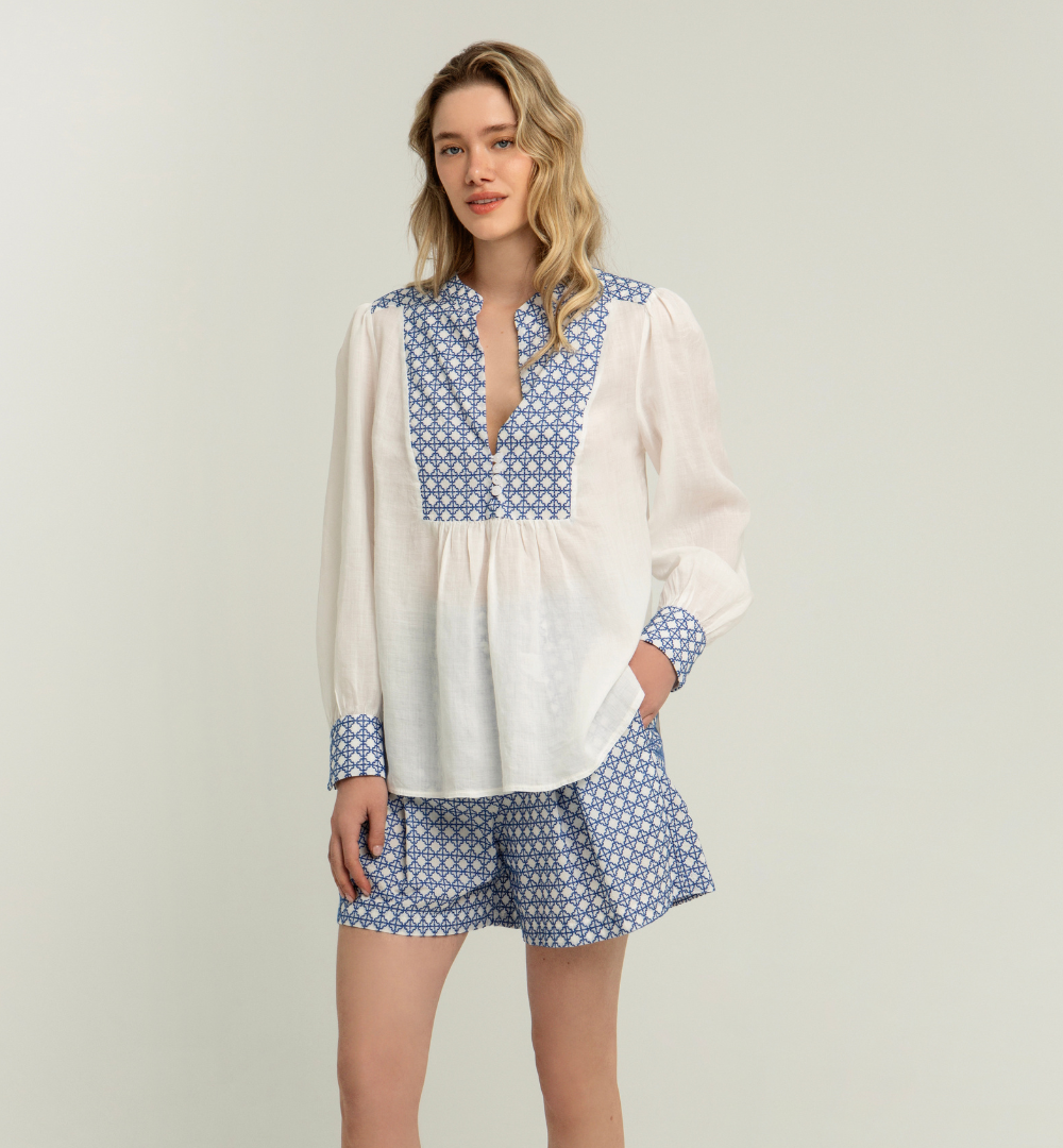 Greek Archaic Kori Cross Stitch Blouse - White/Royal Blue