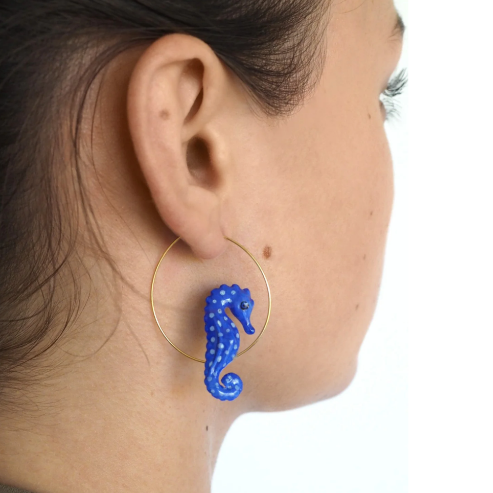 Nach Blue Seahorse Hoop Earrings