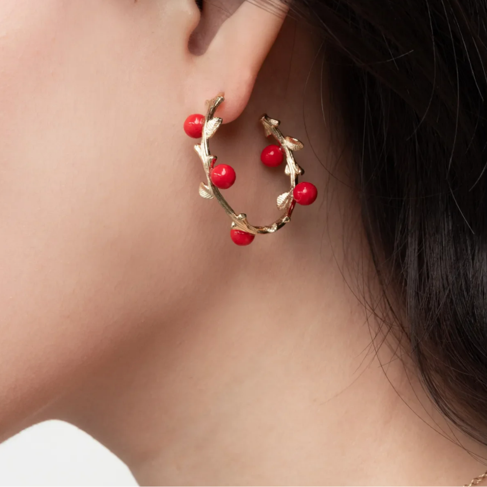 Nach Red Berries Branch Hoop Earrings