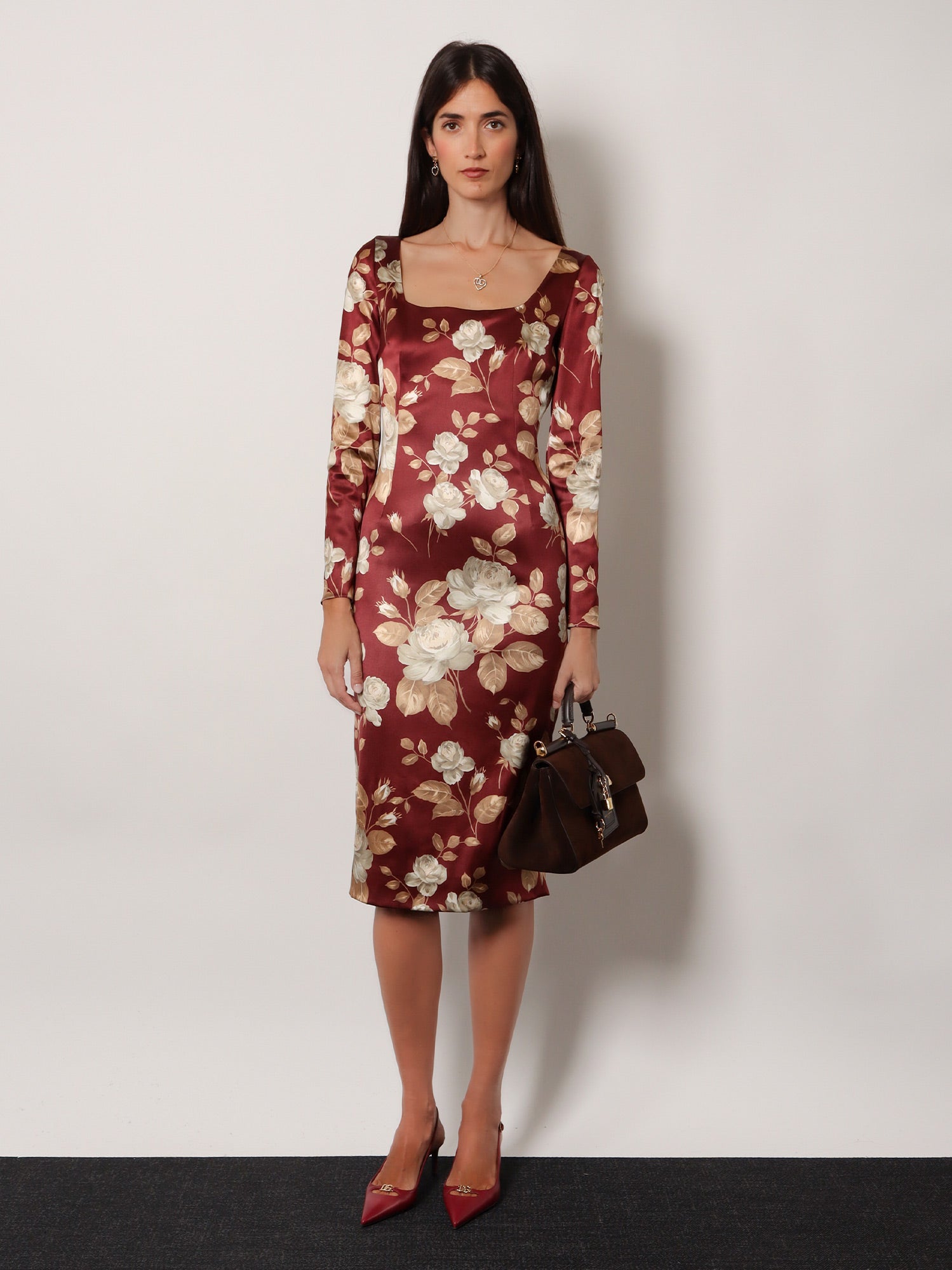 Vintage rose print satin midi pencil dress