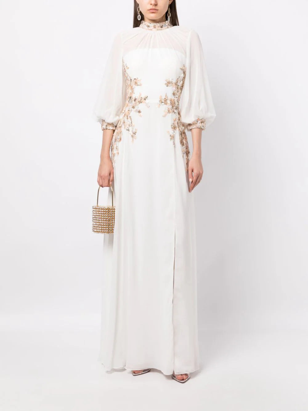 LONG CREPE GEORGETTE BEADED DRESS