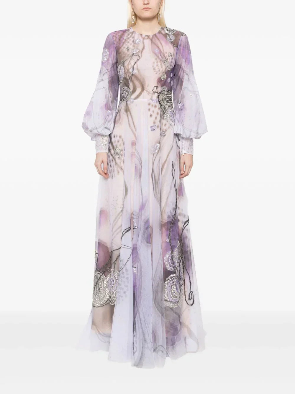 TULLE PRINTED DRESS WITH BEADING
