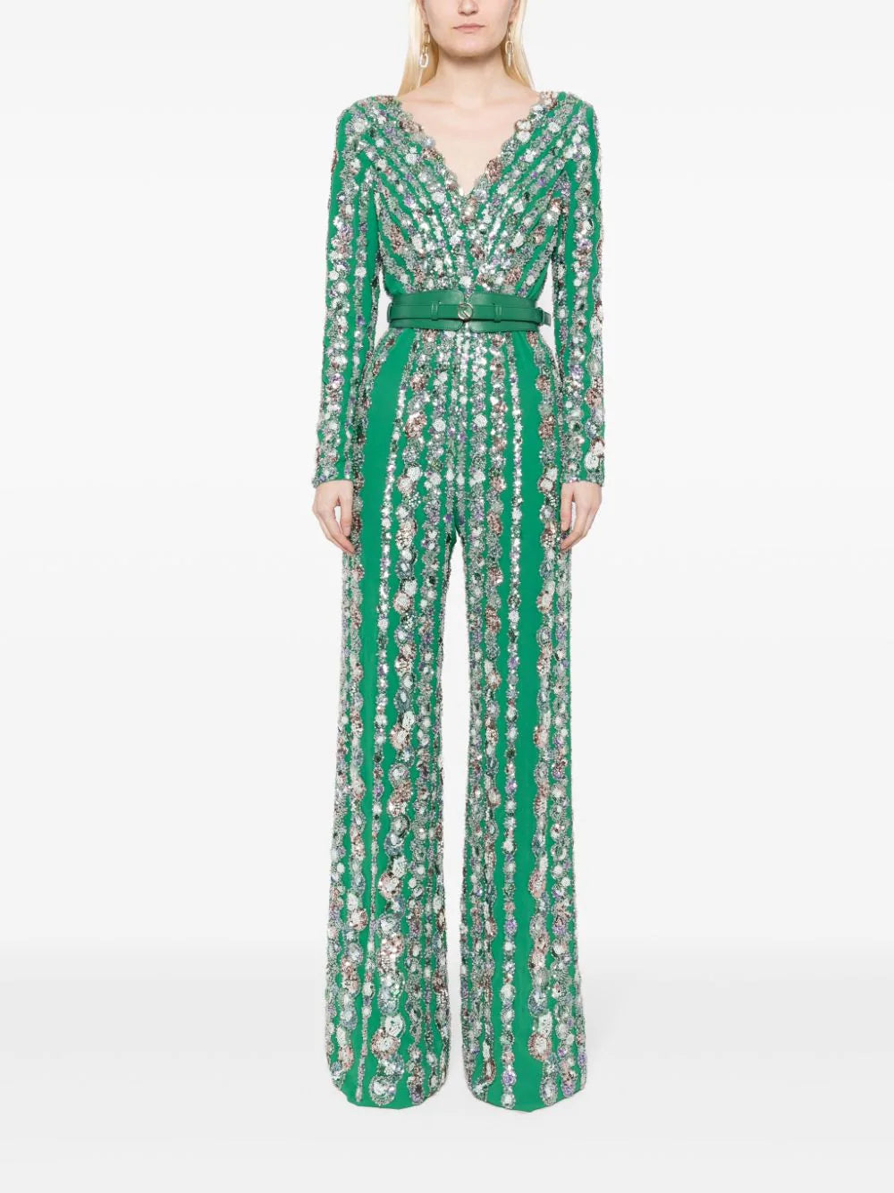 CANTON CREPE BEADED JUMPSUIT WITH A WRAPPED TOP