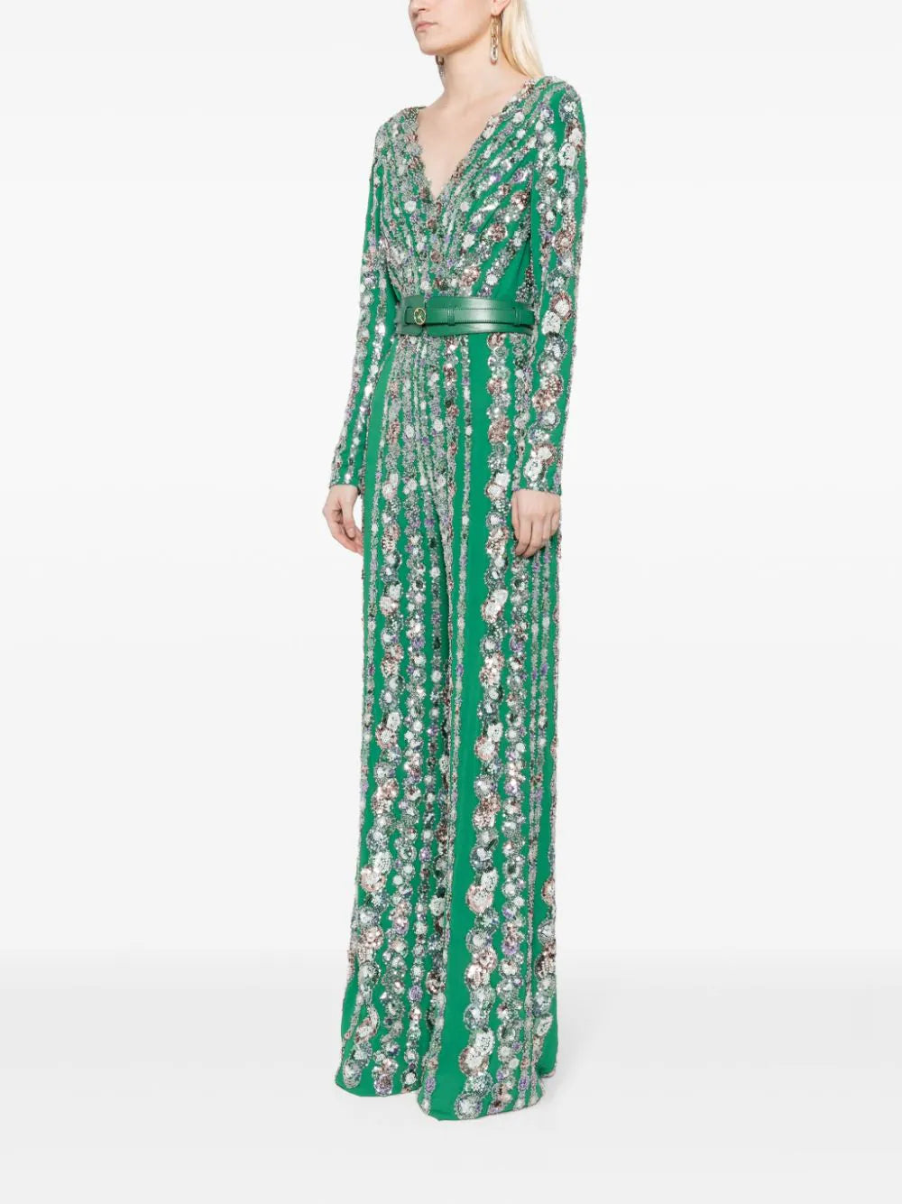 CANTON CREPE BEADED JUMPSUIT WITH A WRAPPED TOP