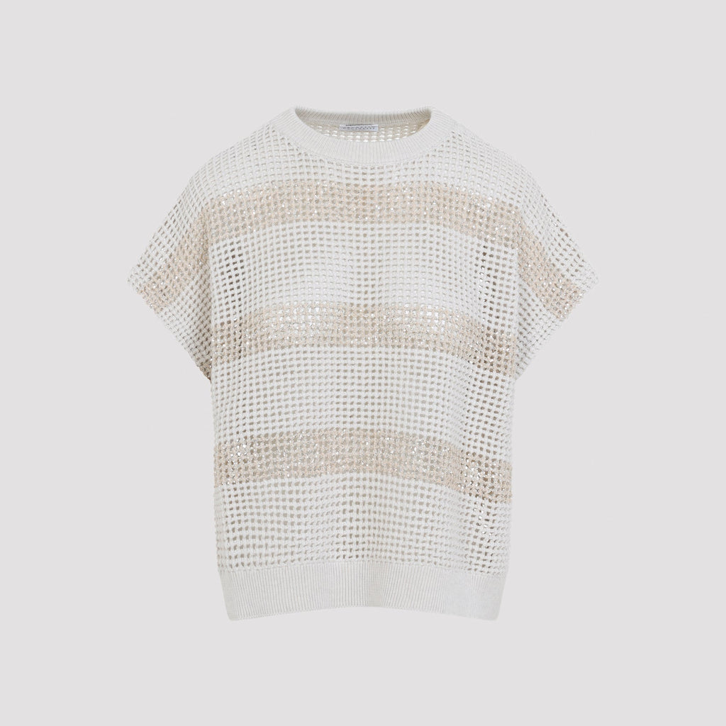 Ivory Knit Striped Cotton Sweater