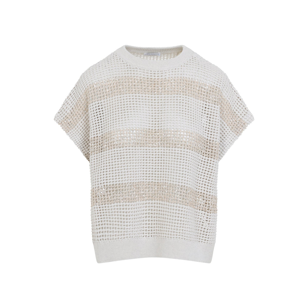 Ivory Knit Striped Cotton Sweater