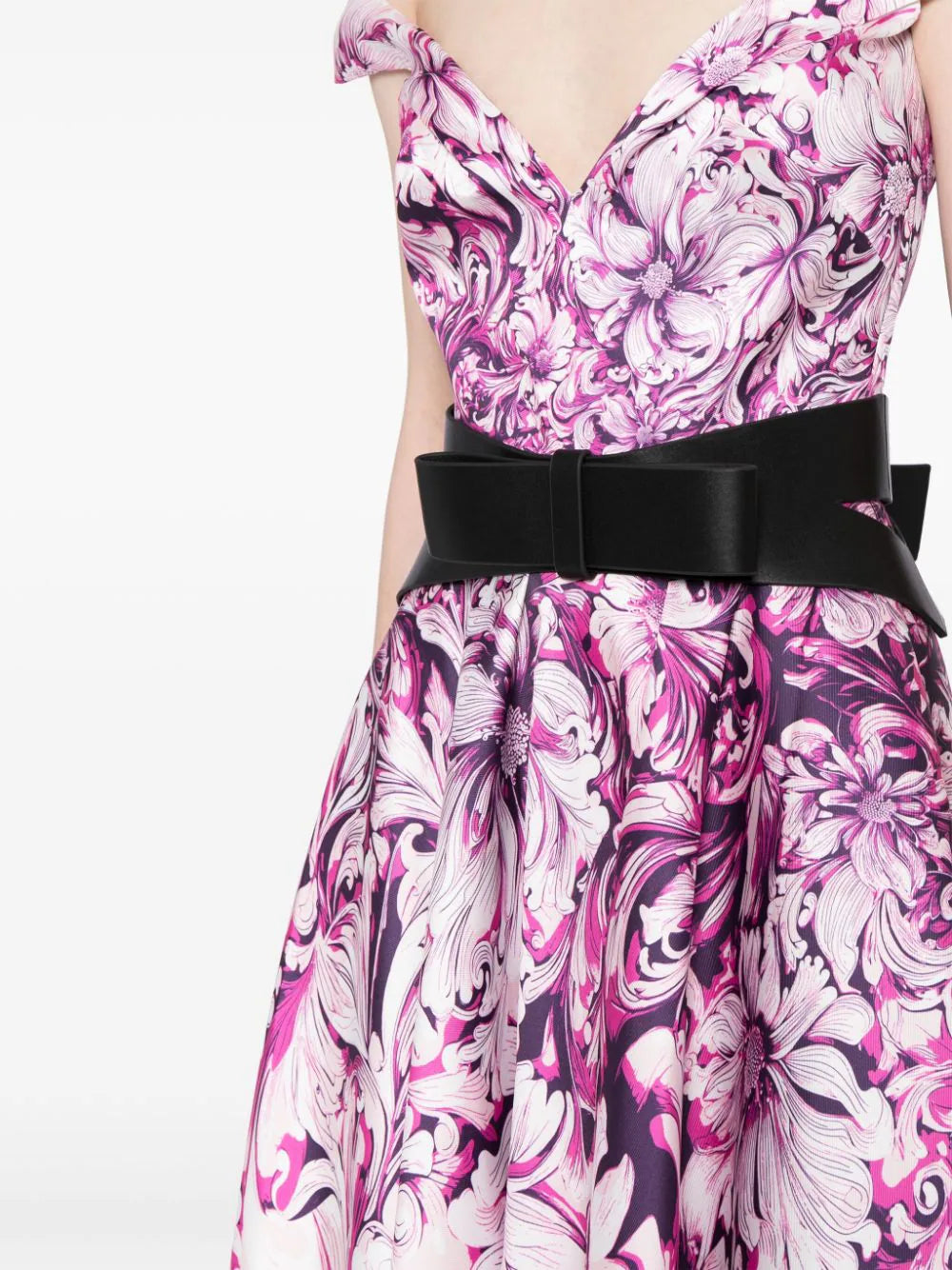 MIKADO PRINTED DRESS WITH OFF-SHOULDER SLEEVES
