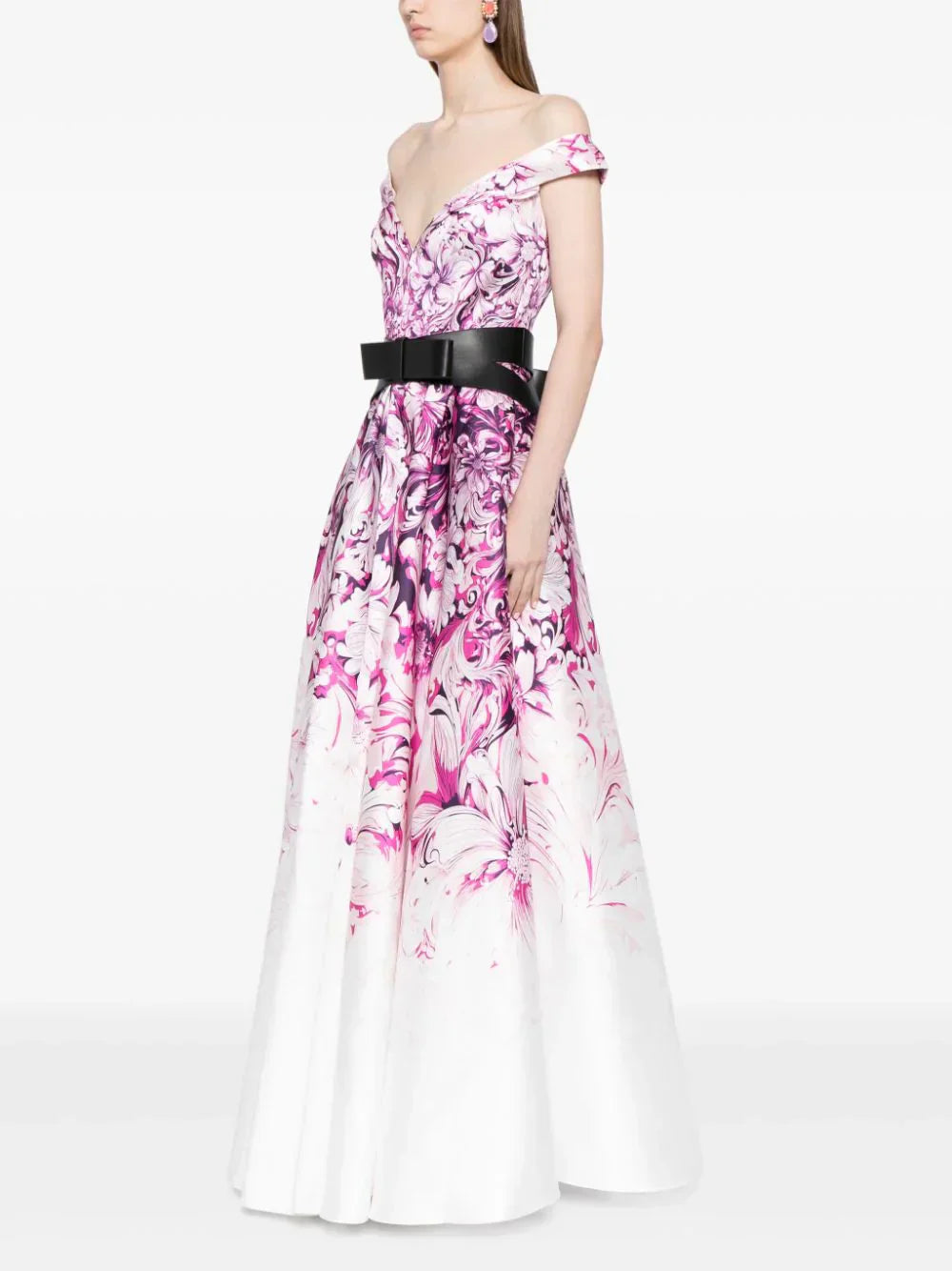 MIKADO PRINTED DRESS WITH OFF-SHOULDER SLEEVES