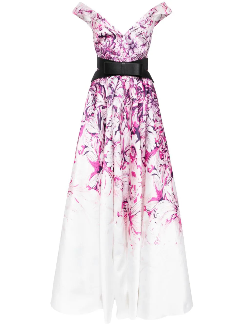 MIKADO PRINTED DRESS WITH OFF-SHOULDER SLEEVES