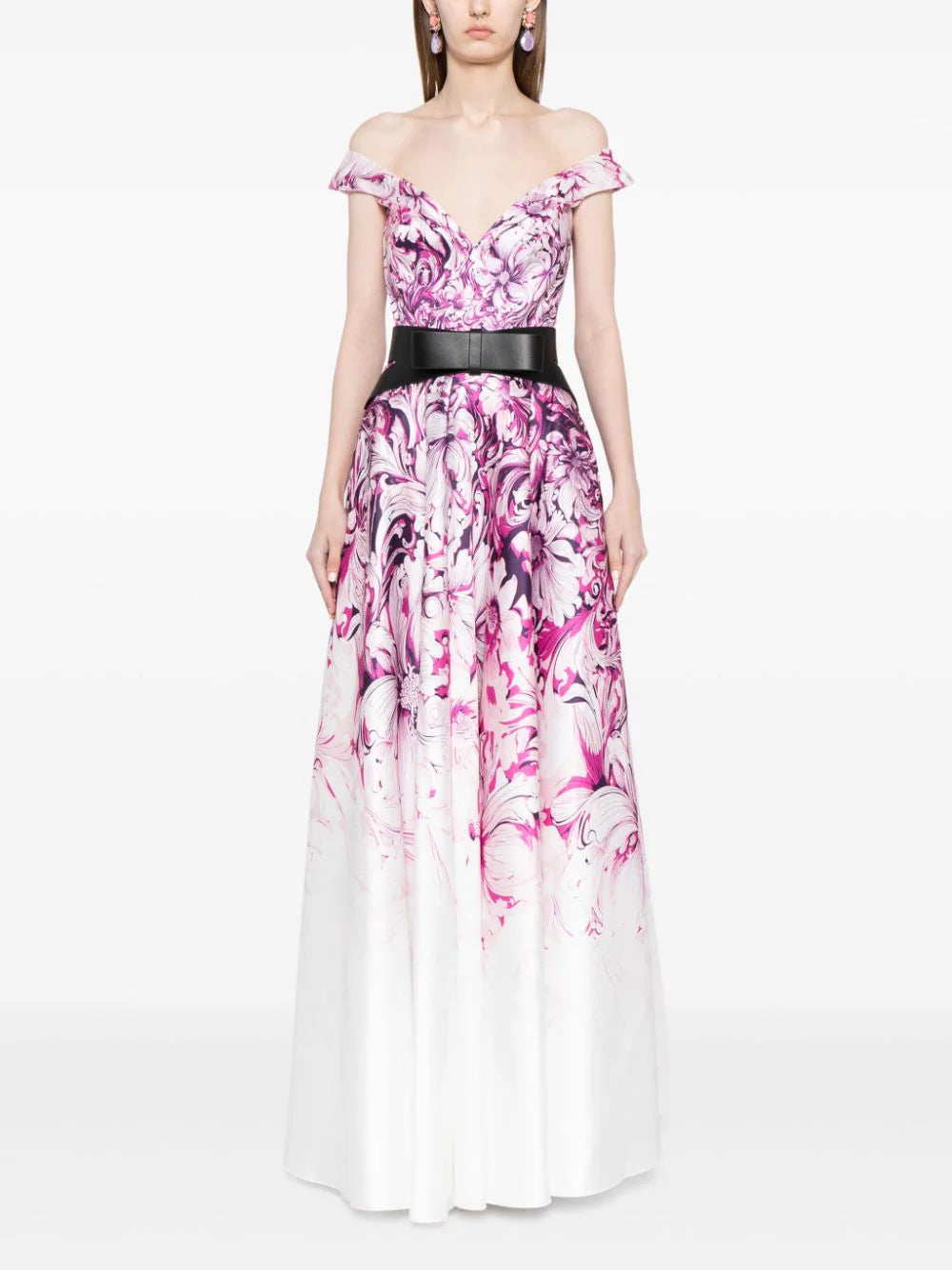 MIKADO PRINTED DRESS WITH OFF-SHOULDER SLEEVES