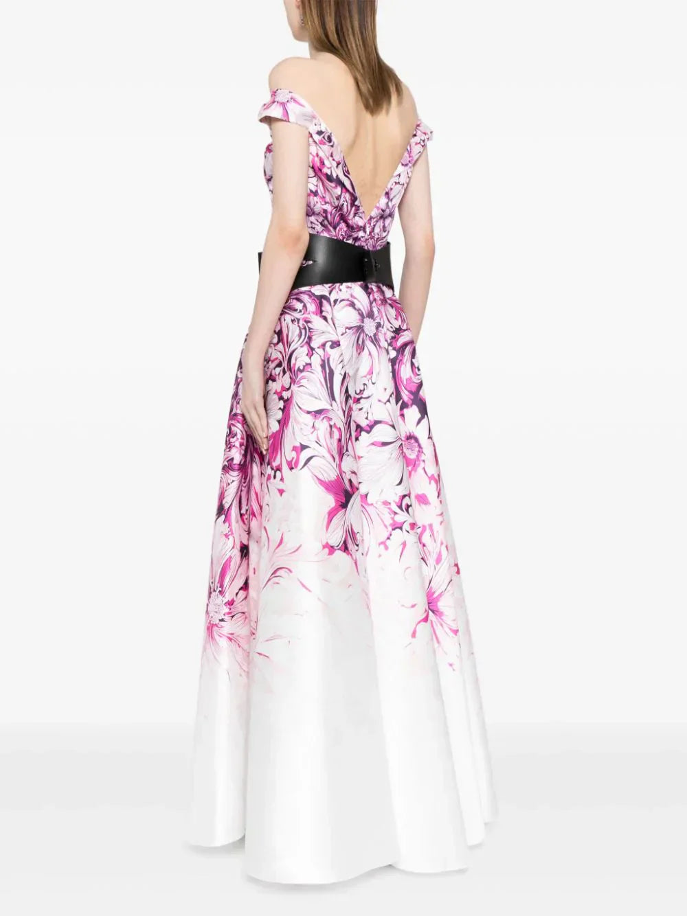 MIKADO PRINTED DRESS WITH OFF-SHOULDER SLEEVES