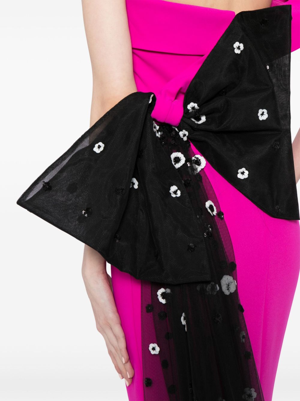 CREPE OFF-SHOULDER DRESS WITH A TULLE BOW AND TAIL ON THE BACK