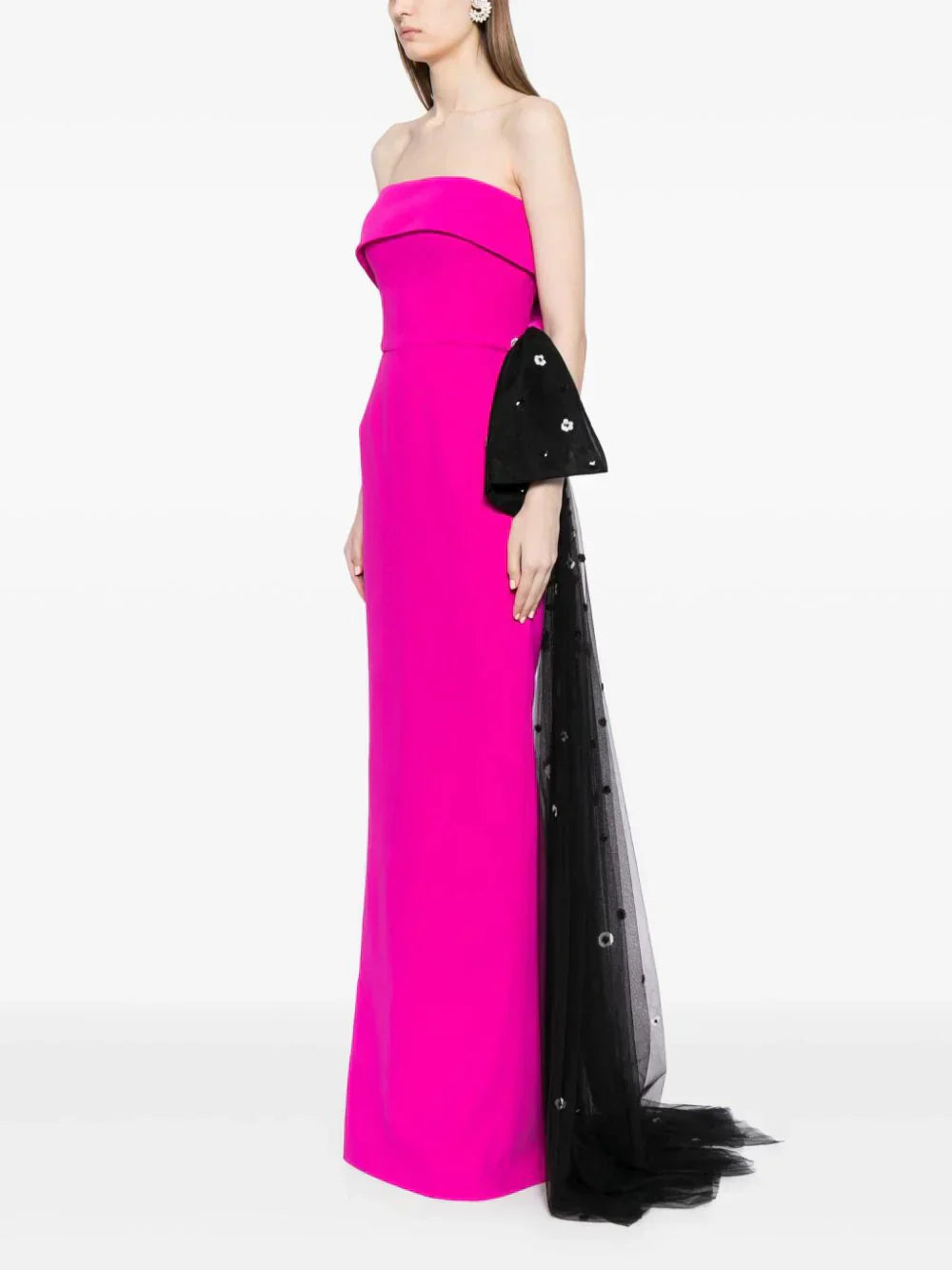 CREPE OFF-SHOULDER DRESS WITH A TULLE BOW AND TAIL ON THE BACK