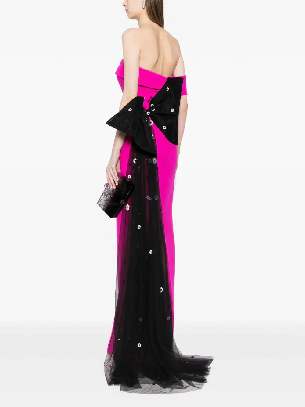 CREPE OFF-SHOULDER DRESS WITH A TULLE BOW AND TAIL ON THE BACK