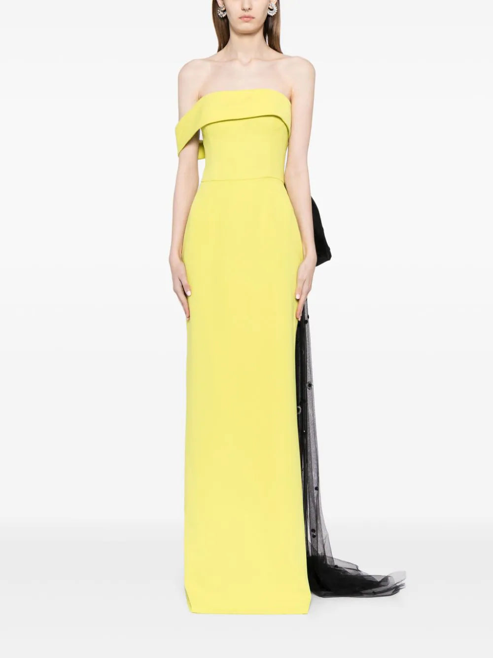 CREPE OFF-SHOULDER DRESS WITH A TULLE BOW AND TAIL ON THE BACK