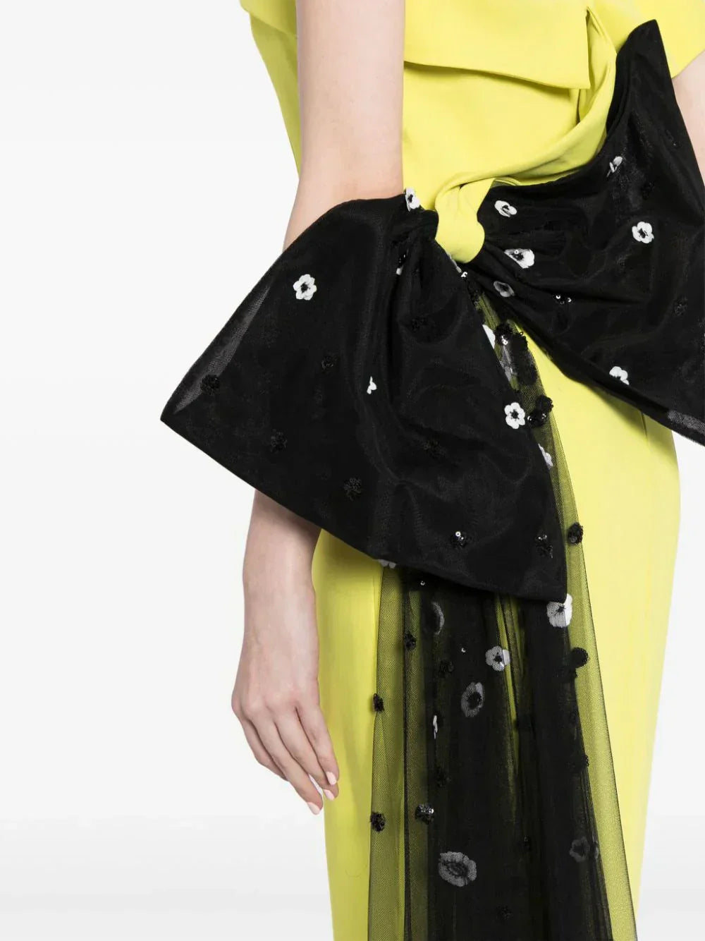 CREPE OFF-SHOULDER DRESS WITH A TULLE BOW AND TAIL ON THE BACK