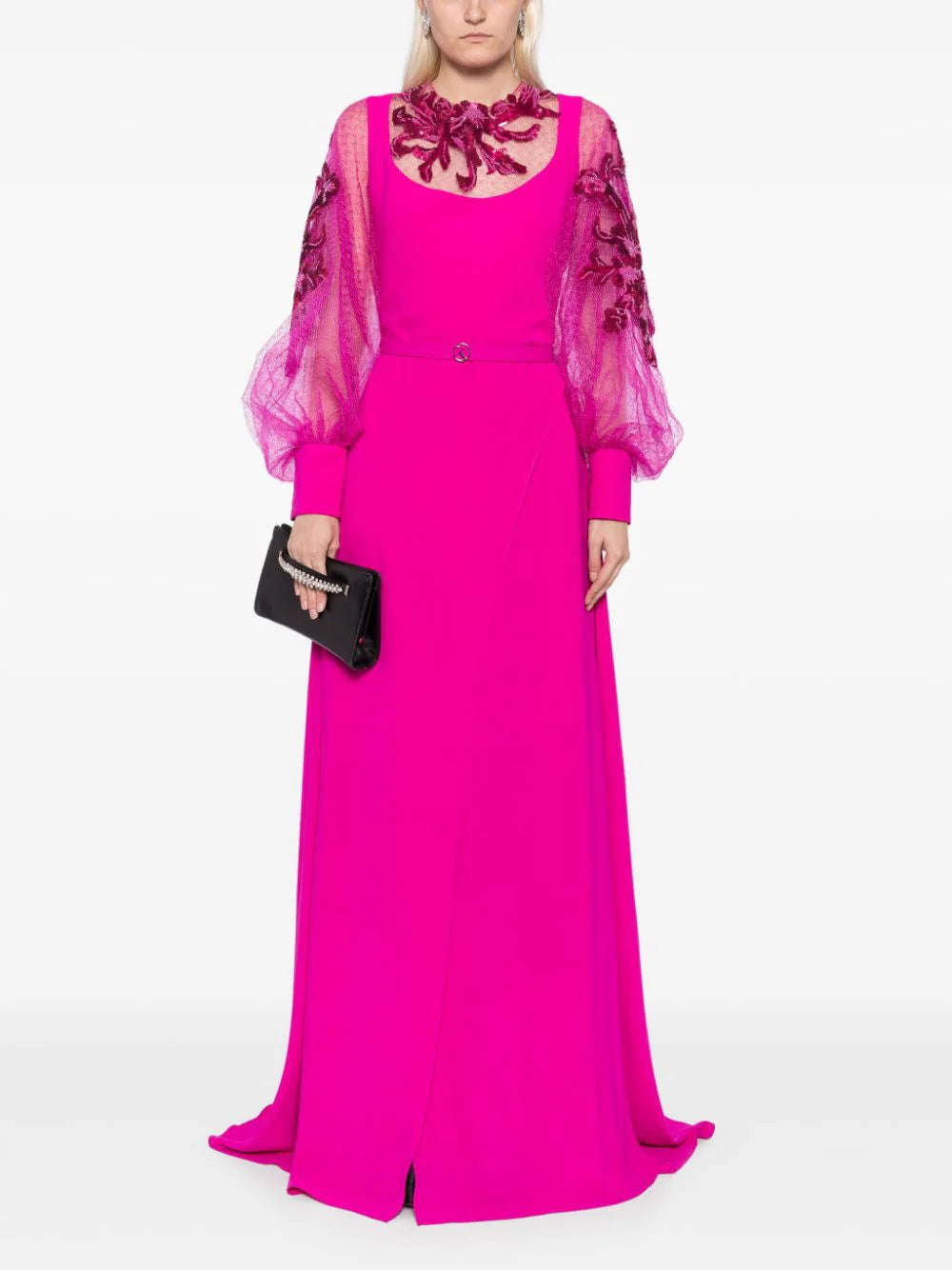 CREPE DRESS WITH ENVELOPE SKIRT AND A BEADED TOP AND SLEEVES