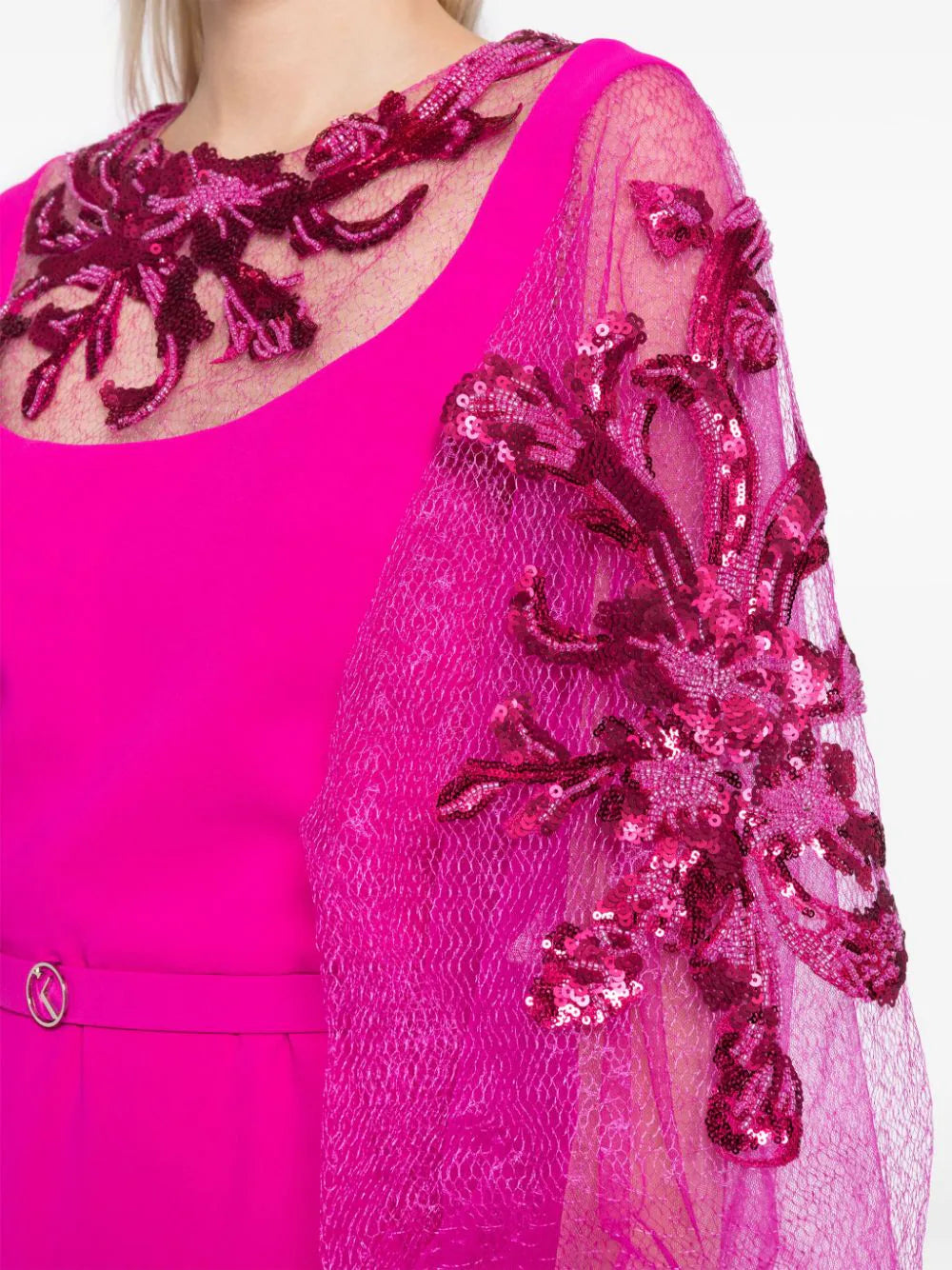 CREPE DRESS WITH ENVELOPE SKIRT AND A BEADED TOP AND SLEEVES
