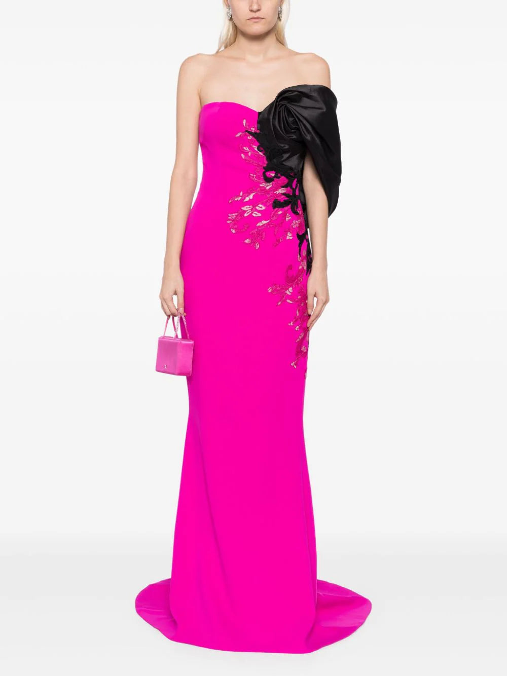 CREPE STRAIGHT FIT DRESS WITH MIKADO ONE SIDED, OFF-SHOULDER SLEEVE
