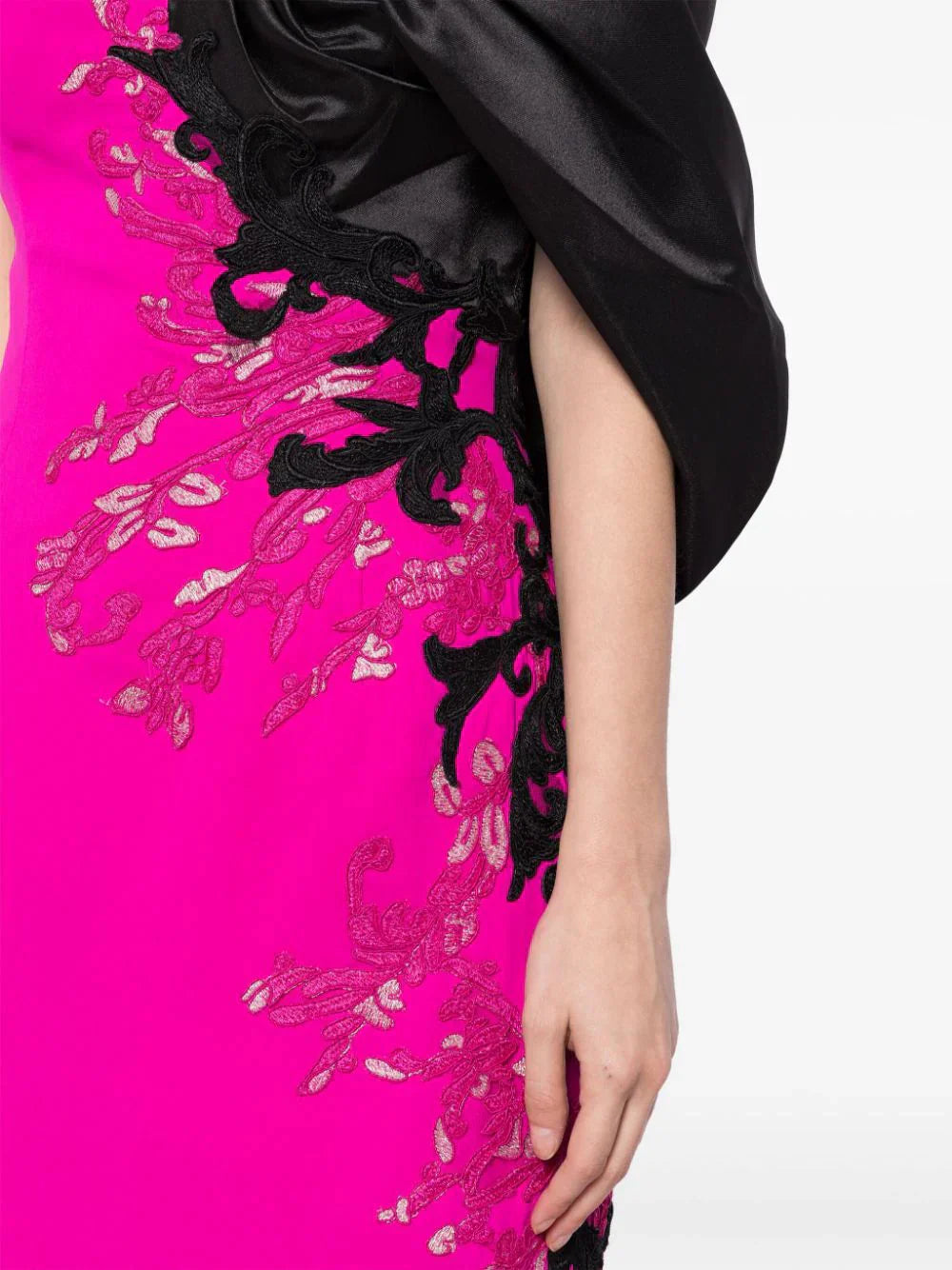 CREPE STRAIGHT FIT DRESS WITH MIKADO ONE SIDED, OFF-SHOULDER SLEEVE
