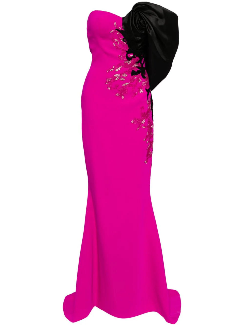 CREPE STRAIGHT FIT DRESS WITH MIKADO ONE SIDED, OFF-SHOULDER SLEEVE