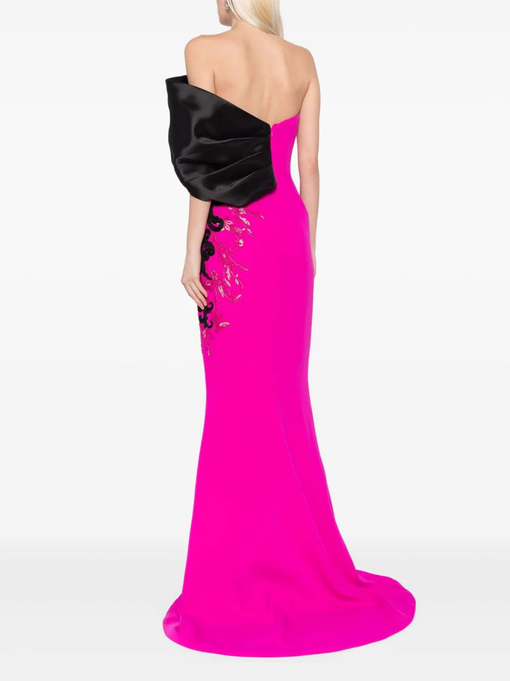 CREPE STRAIGHT FIT DRESS WITH MIKADO ONE SIDED, OFF-SHOULDER SLEEVE