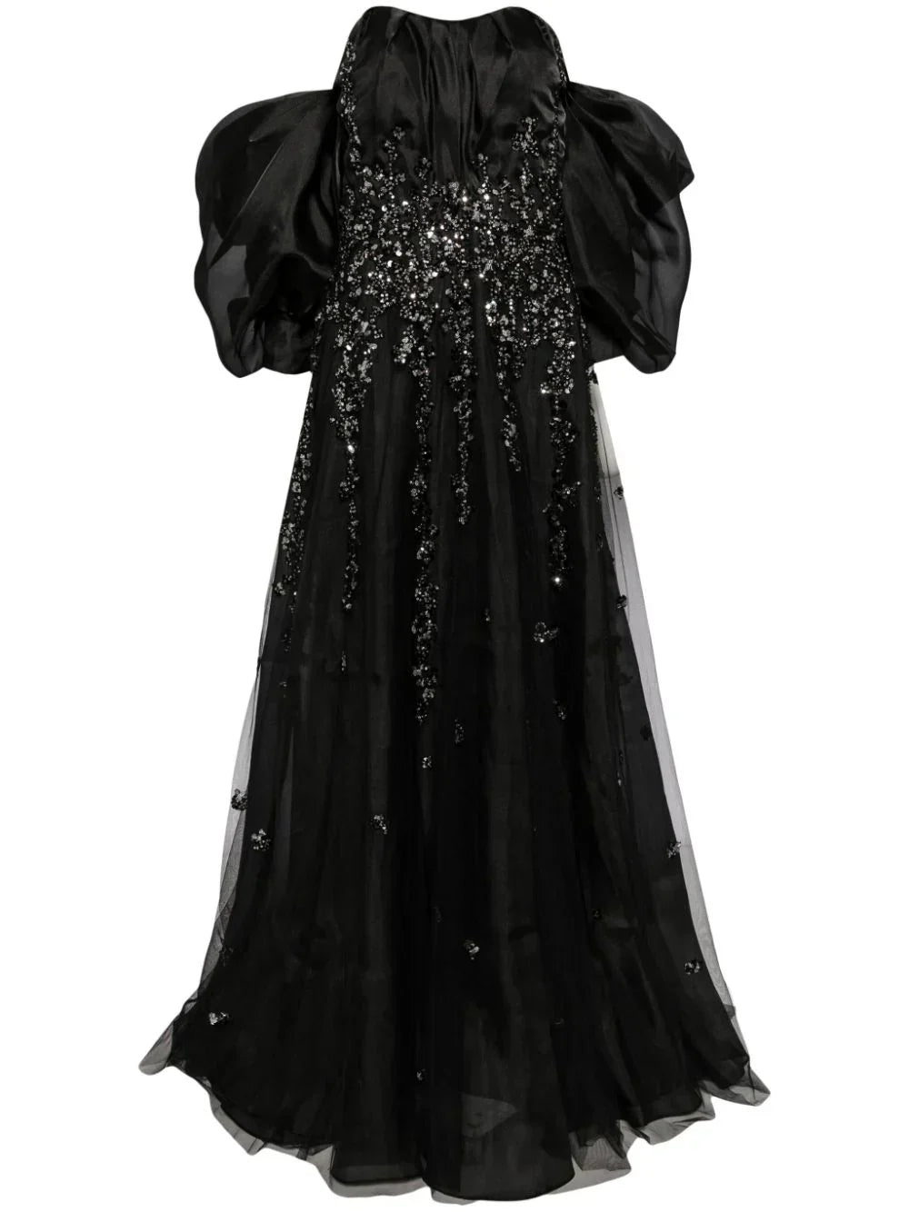 ORGANZA DRESS WITH DOTTED BEADING AND PLEATED OF-SHOULDER SLEEVES