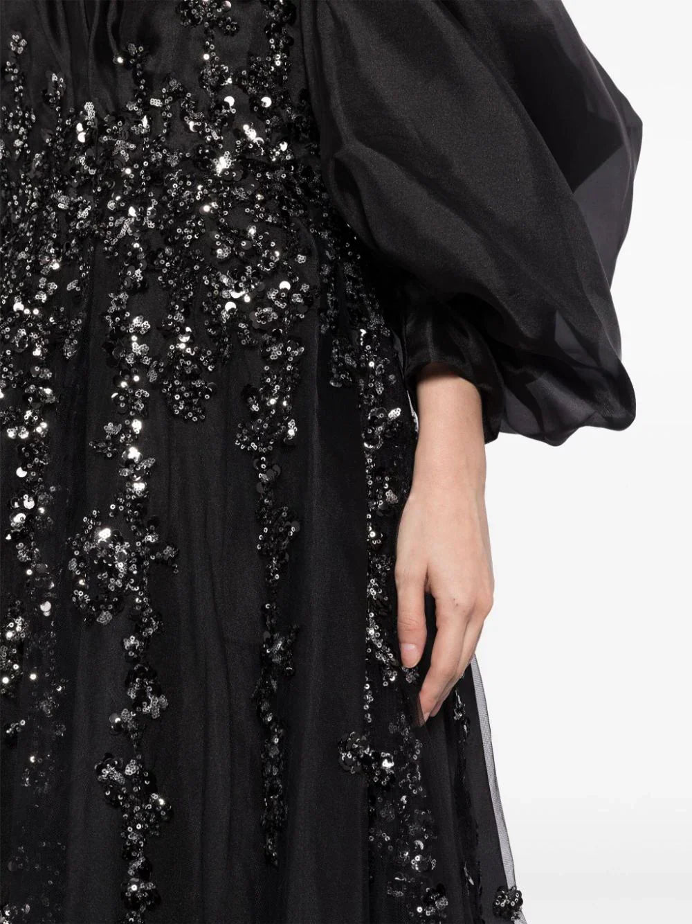 ORGANZA DRESS WITH DOTTED BEADING AND PLEATED OF-SHOULDER SLEEVES