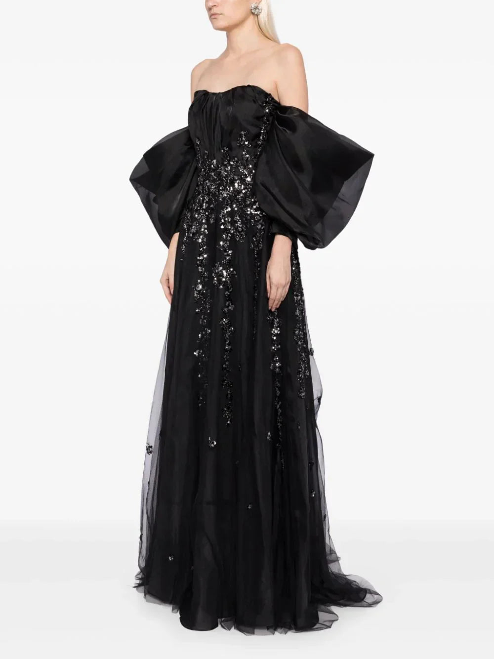 Organza Dress With Dotted Beading And Pleated Off-Shoulder Sleeves