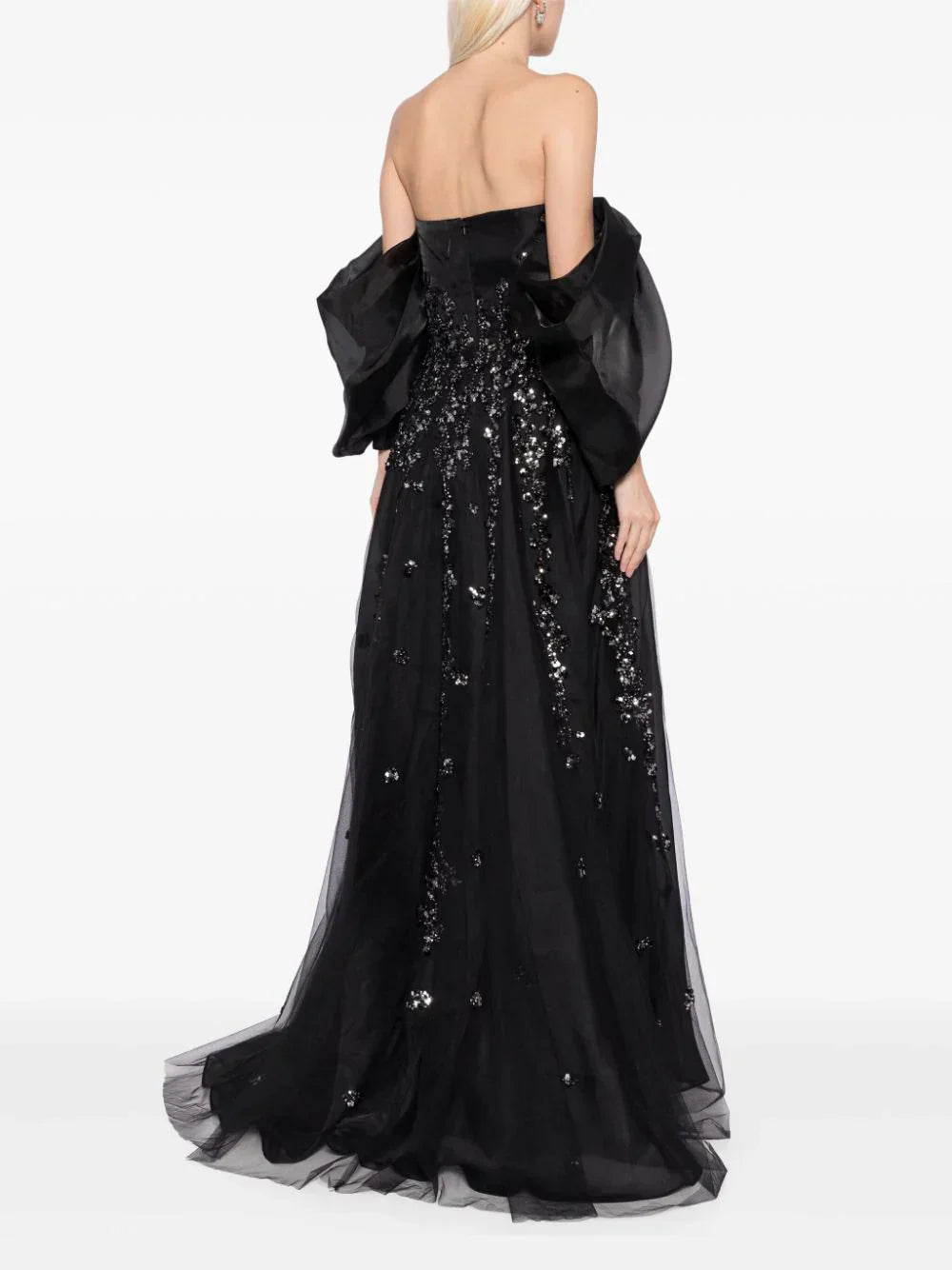 ORGANZA DRESS WITH DOTTED BEADING AND PLEATED OF-SHOULDER SLEEVES