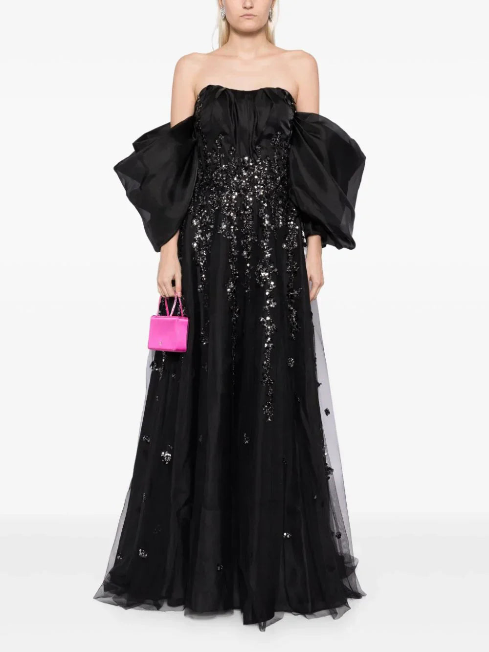 Organza Dress With Dotted Beading And Pleated Off-Shoulder Sleeves