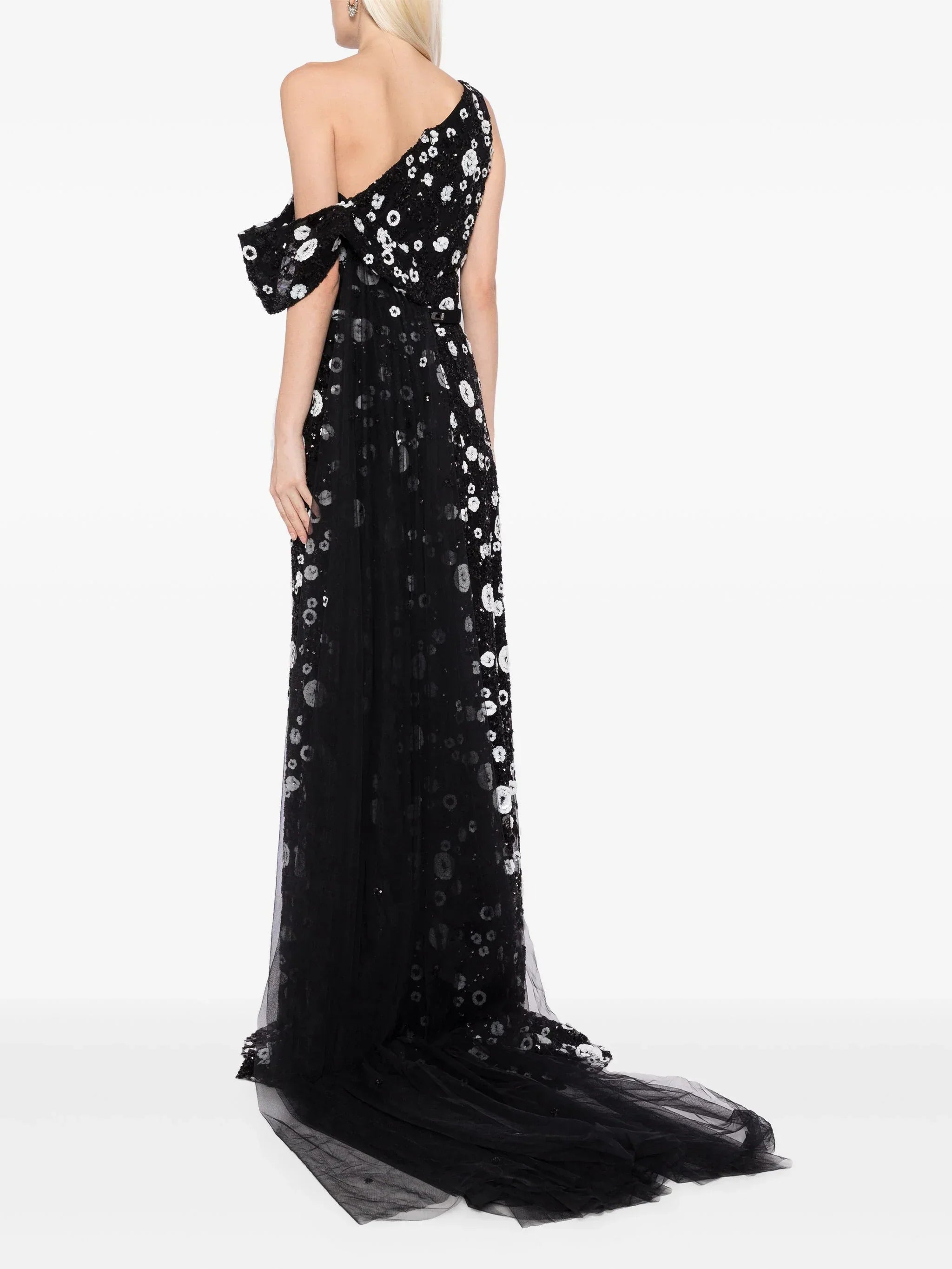 Tulle Dress With Envelope Skirt And Off-Shoulder Sleeves And Tulle Tail